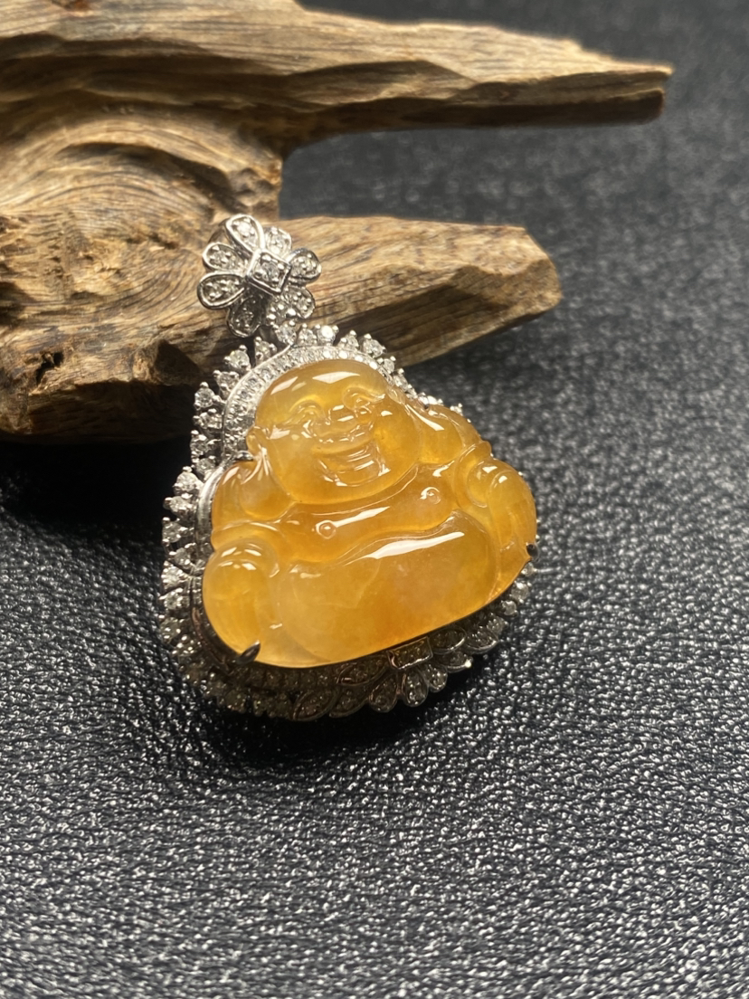 【FC0185】18K金镶嵌翡翠黄翡笑佛吊坠 水润光泽  玉质细腻 荧光起胶 色泽娇艳