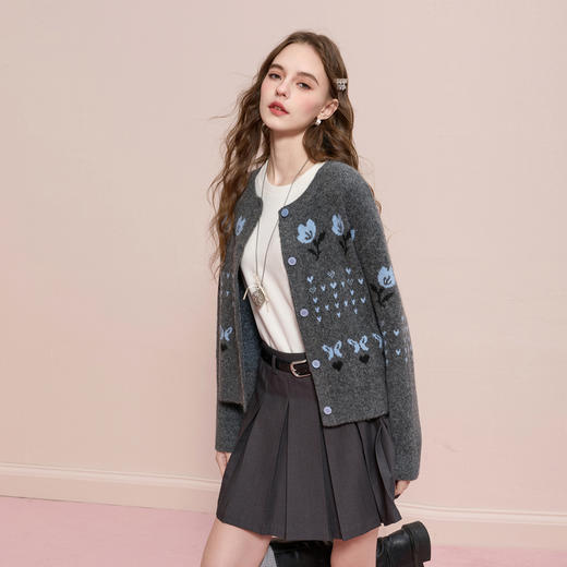 三彩2025冬季新款提花针织衫圆领毛衫外套开衫宽松复古M 商品图2