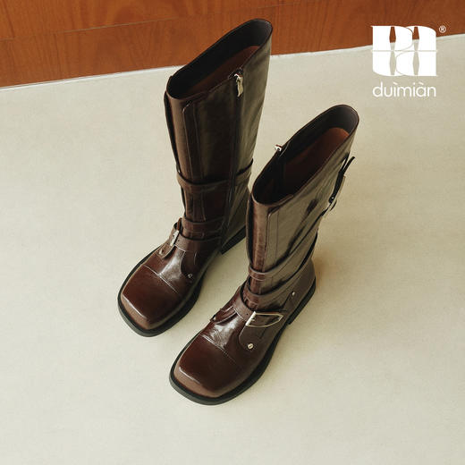duimian对面褶影双扣骑士长靴复古方头 商品图1