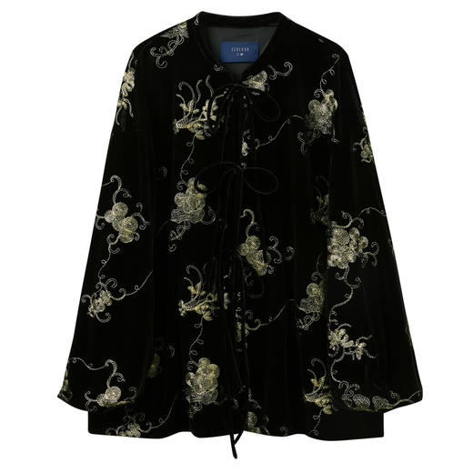 三彩【落日熔金】2025冬季新款绣花丝绒外套灯笼袖上衣C 商品图4