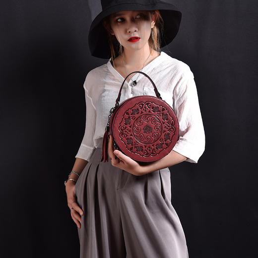 9758-D斜挎包圆形包真皮国风复古手提包 商品图1