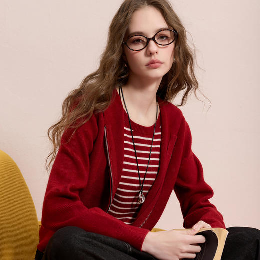 三彩2025冬季新款假两件条纹休闲连帽针织衫长袖上衣显瘦百搭M 商品图2