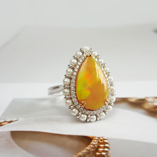 【天然正品】AU750白金豪镶钻镶天然水滴形强变彩3.785克拉欧泊（希望、平安）配珍珠戒指290825NJS08 现售价：6880 商品图7