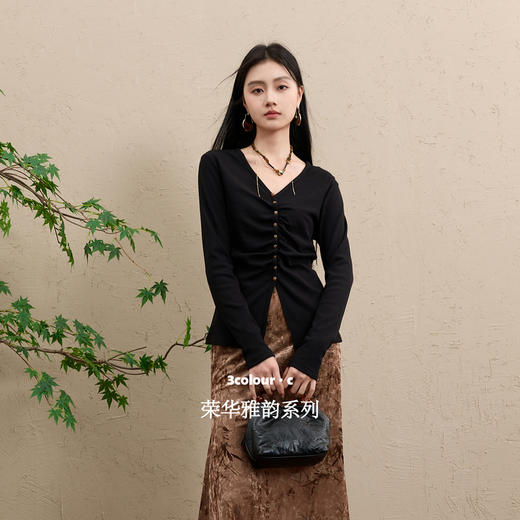 三彩【墨染星辰】2025冬季新款罗纹T恤磨毛V领长袖上衣修身内搭C 商品图1