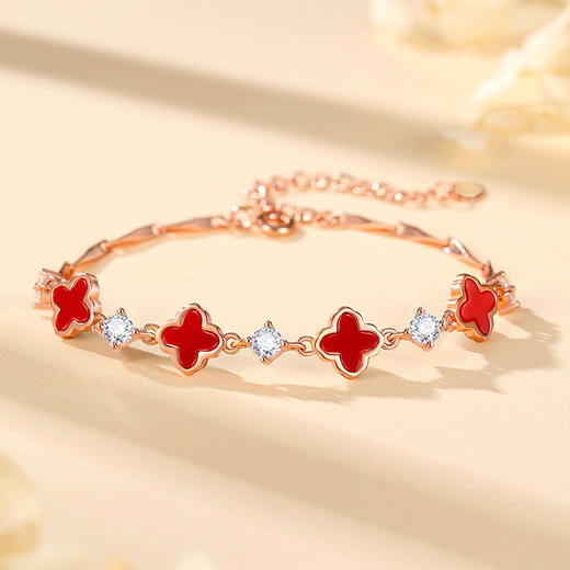 Winy s925银钻间四叶草手链玫瑰金色搭配红玛瑙合成立方氧化锆配证书送女友闺蜜节日生日礼物 商品图0