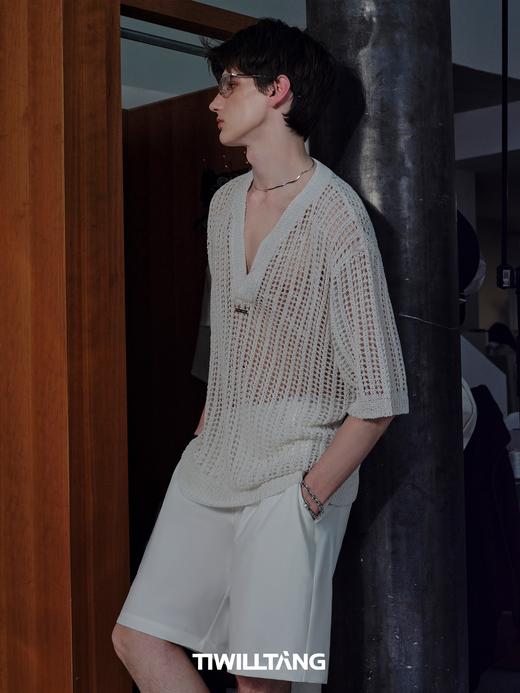 TIWILLTANG启世录“银织线域”镂空时尚针织短袖设计感v领t恤男 商品图2