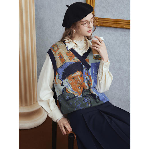 两三事梵高文艺时光机2025秋新款复古提花v领针织马甲女宽松马夹 商品图1