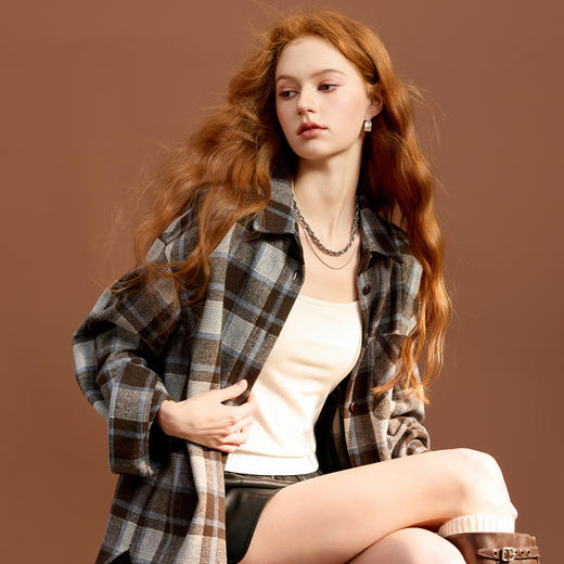 三彩2025冬季新款格纹呢料衬衫翻领宽松阔版中长衬衣保暖叠穿M 商品图2