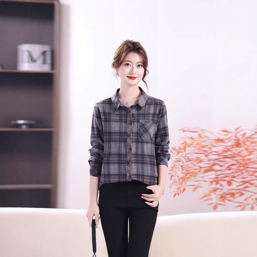 衬衫女装妈妈装休闲格子长袖开衫春秋薄款宽松衬衣秋季 商品图0