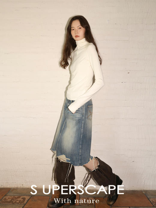 素舶 绵羊毛高弹亲肤半拉链高领插肩袖修身显瘦长袖指孔T恤 商品图1