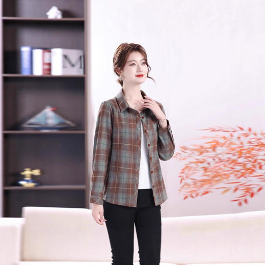 衬衫女装妈妈装休闲格子长袖开衫春秋薄款宽松衬衣秋季 商品图2
