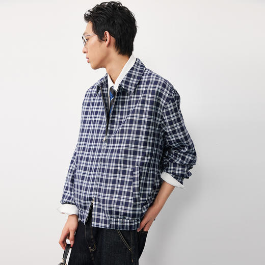 NPC潮牌绵羊毛混纺格纹翻领夹克男短款蓝白格纹NP57TJ48 商品图3