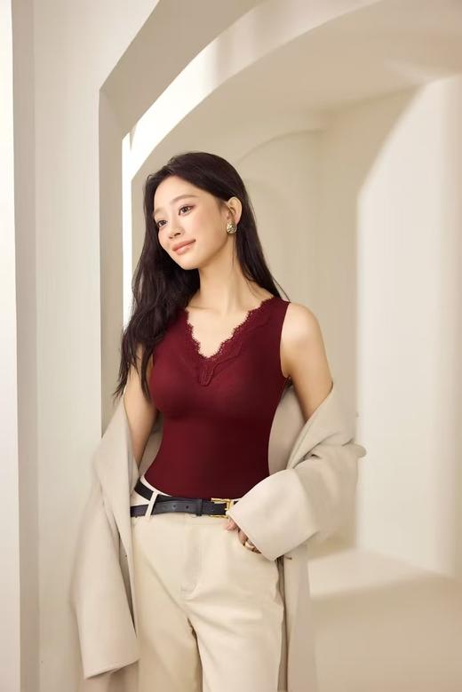 【天然桑蚕丝羊绒V领背心】蕾丝磨毛自热无痕 秋冬保暖背心女修身内搭打底 商品图9