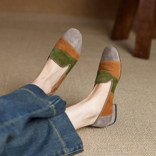 【预售5天】真皮磨砂拼色乐福鞋女新款春秋女鞋一脚蹬翻毛皮软底单鞋女YS&A1691 商品图1