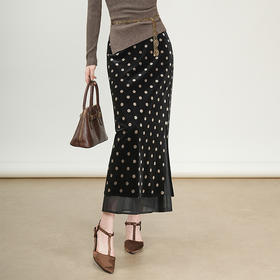 QYM 95833-Y金丝绒网纱拼结鱼尾裙高腰包臀中长裙