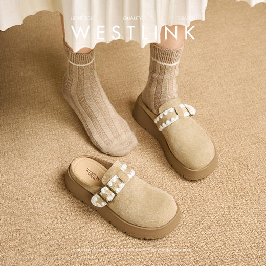 【限时秒杀】西遇厚底勃肯鞋半拖女新款秋季花边一脚蹬懒人鞋增高松糕女鞋V1857082 商品图1