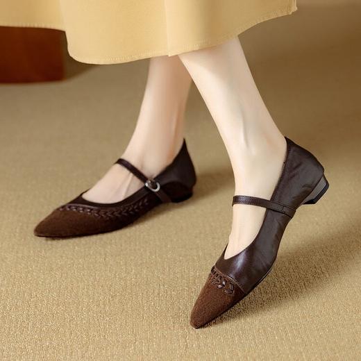 【预售5天】复古风尖头粗跟玛丽珍鞋，编织拼接设计感显瘦单鞋DB&M6553 商品图0