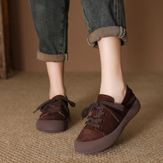 FR 85066复古休闲厚底板鞋磨砂牛皮透气鞋大头系带软底 商品图3