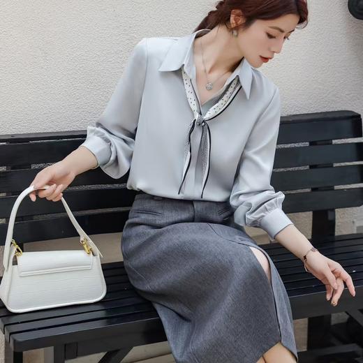 「自」全新升级【铂金会员146/天猫199/差价53】(02222)洛诗琳法式复古飘带长袖衬衫2025新款秋季宽松通勤雪纺上衣 商品图1