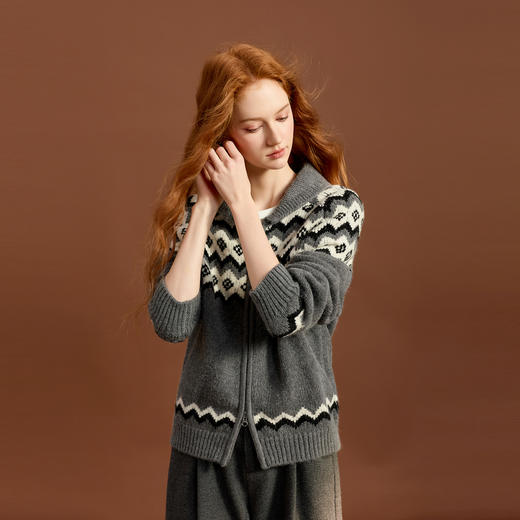 三彩2025冬季新款慵懒宽松针织衫长袖提花开衫复古上衣显瘦百搭M 商品图2