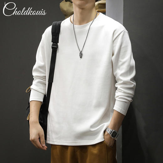 【清爽透气】春季休闲长袖T恤男纯棉大码宽松打底衫重磅纯色圆领潮。rb 商品图0