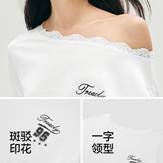 森马长袖T恤女秋季蕾丝一字领纯棉oversize印花2025新款慵懒上衣 商品图3