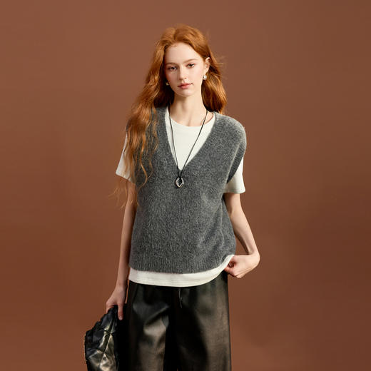 三彩2025冬季新款宽松V领针织衫无袖叠穿马甲背心套头衫上衣M 商品图3