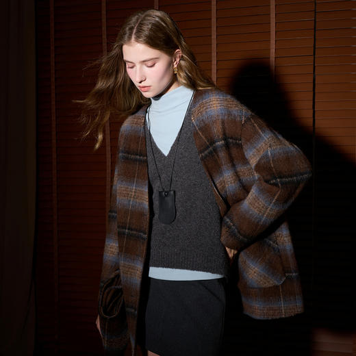 【绵羊毛】三彩2025冬季新款格纹双面呢大衣围巾毛呢外套M 商品图3