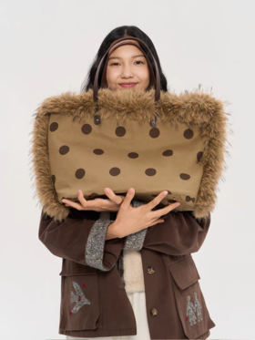 heris/H53127/波点印花仿貉毛拼接 大容量单肩托特包