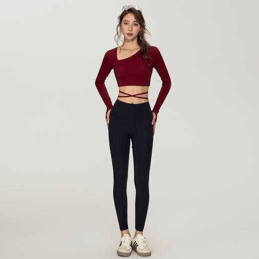 【限时秒】YOGACODE【火树银花系列】斜领瑜伽服长袖女固定杯性感细绳绑带运动上衣DWT125636 商品图4