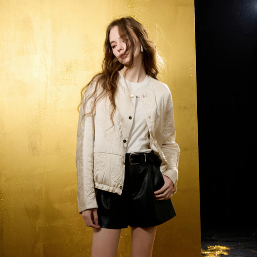 三彩2025冬季新款刺绣蓄热棉服圆领宽松棉衣休闲简约保暖外套M 商品图3