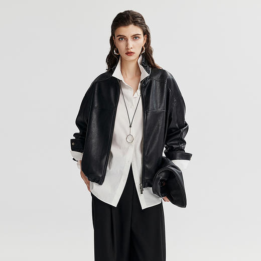 棉仓366607015-摩登花苞领皮夹克 商品图1