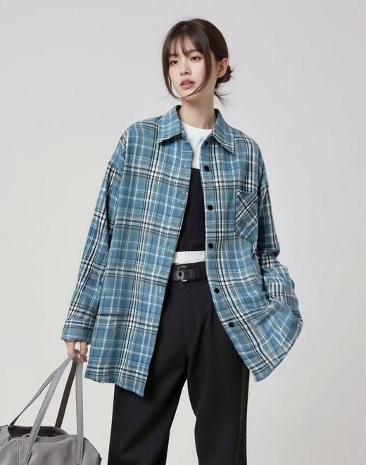 【秋上新】吉妮品牌 053A蓝色格子中长秋款衬衫-喜出 商品图0