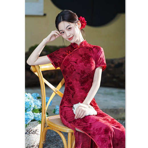 SKY 27683复古国风弹力植绒长款短袖旗袍 商品图3