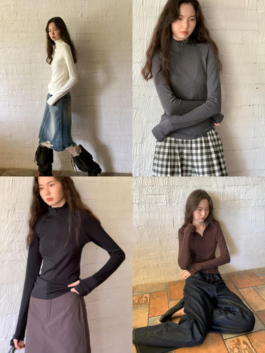 素舶 绵羊毛高弹亲肤半拉链高领插肩袖修身显瘦长袖指孔T恤 商品图2