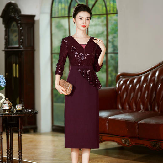 2025秋新礼服，亮片荷叶边气质婚庆婚宴妈妈喜婆婆连衣裙TQ2508 商品图3