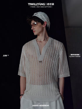 TIWILLTANG启世录“银织线域”镂空时尚针织短袖设计感v领t恤男