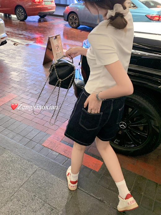 【129元任选2件】现货！复古高腰靛蓝色系带牛仔短裤 商品图9