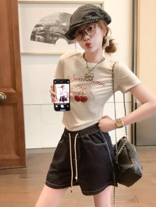 【129元任选2件】现货！复古高腰靛蓝色系带牛仔短裤 商品图5