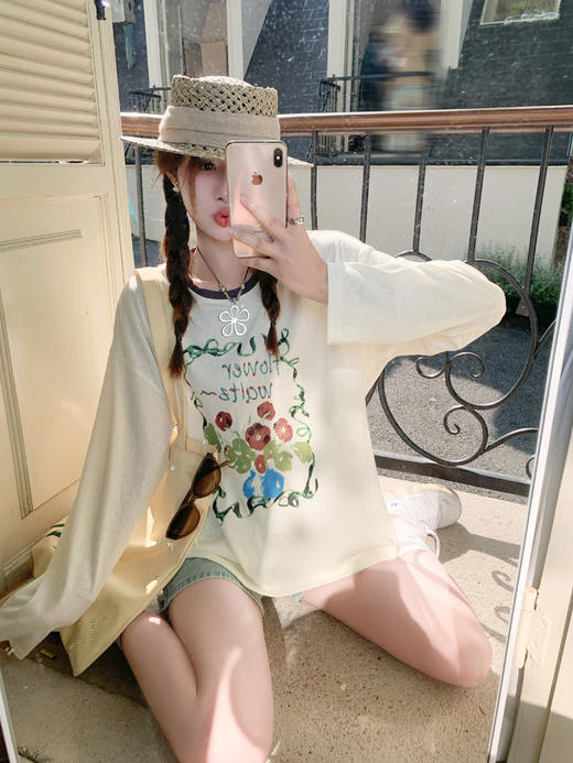 <曾小咸推荐>现货秒杀！最后一波 ！抢到赚到！杏色花朵印花撞色圆领长袖 日常129.99 立减70 秒杀59.99！ 商品图5