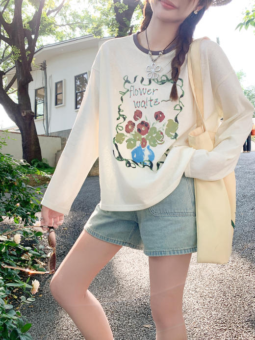 <曾小咸推荐>现货秒杀！最后一波 ！抢到赚到！杏色花朵印花撞色圆领长袖 日常129.99 立减70 秒杀59.99！ 商品图8