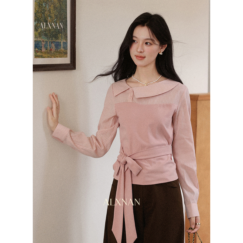 【6折秒杀】鹿向南「浪漫时区」长袖粉色衬衫女秋季新款法式假两件设计感上衣L57636