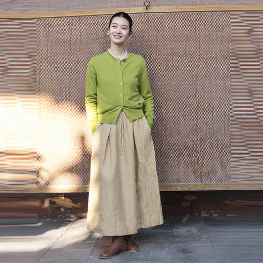 绽放女装562朵/亚麻斜纹显瘦压褶A字裙松紧腰半身长裙女秋半身裙 商品图1