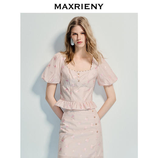MAXRIENY浪漫新中式上衣优雅短袖上衣提花泡泡袖甜美25夏季新款(货号:MF86TP017) 商品图2