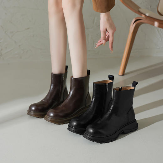 阿么手工女鞋2025新款时髦厚底短靴3CM英伦风时装靴透气百搭秋冬 商品图2