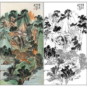 谢稚柳山水工笔画白描底稿《山水》临摹勾线高清打印稿XZ34