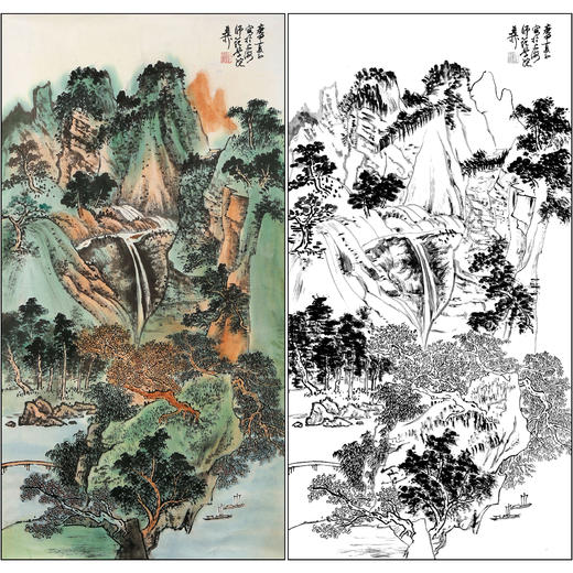 谢稚柳山水工笔画白描底稿《山水》临摹勾线高清打印稿XZ34 商品图0