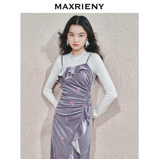 MAXRIENY浪漫复古感吊带连衣裙24冬款修身显瘦开叉长裙约会小裙子(货号:MS85DR770) 商品图2