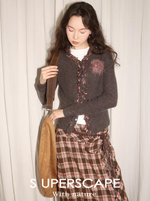 素舶 进口澳洲羊毛秘鲁羊驼毛保暖编织花朵绞花纽结门襟气质针织开衫 商品图1