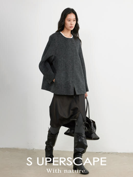 素舶 桑蚕丝兔绒丝滑蓬松质感圆领两粒扣短款双面呢大衣小个子 商品图3